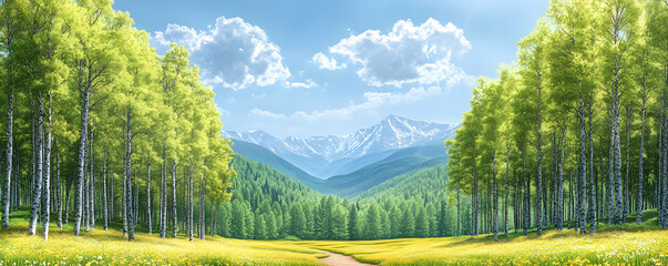 Fototapeta premium Sunny mountain valley aspen trees
