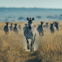 Obraz premium A captivating scene of a zebra galloping through tall grass, with a herd following closely behind