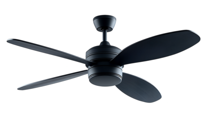 Sleek black ceiling fan isolated on a transparent background