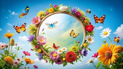 Springtime Banner: Round Frame with Insects & Flowers on Blue Sky