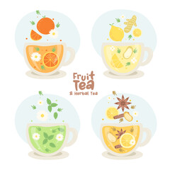 Fruit tea and herbal tea elements  isolated on white background. Vector illustration.
