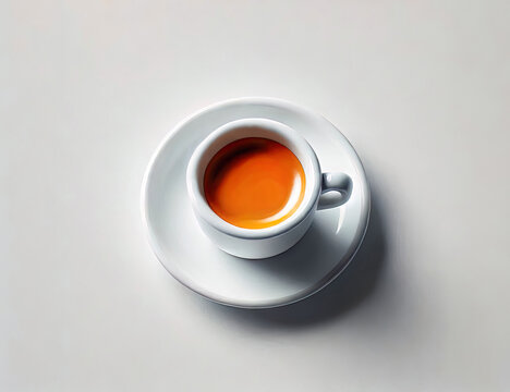 A pristine white porcelain cup and saucer filled with rich, coffee, set on a pure white background. 