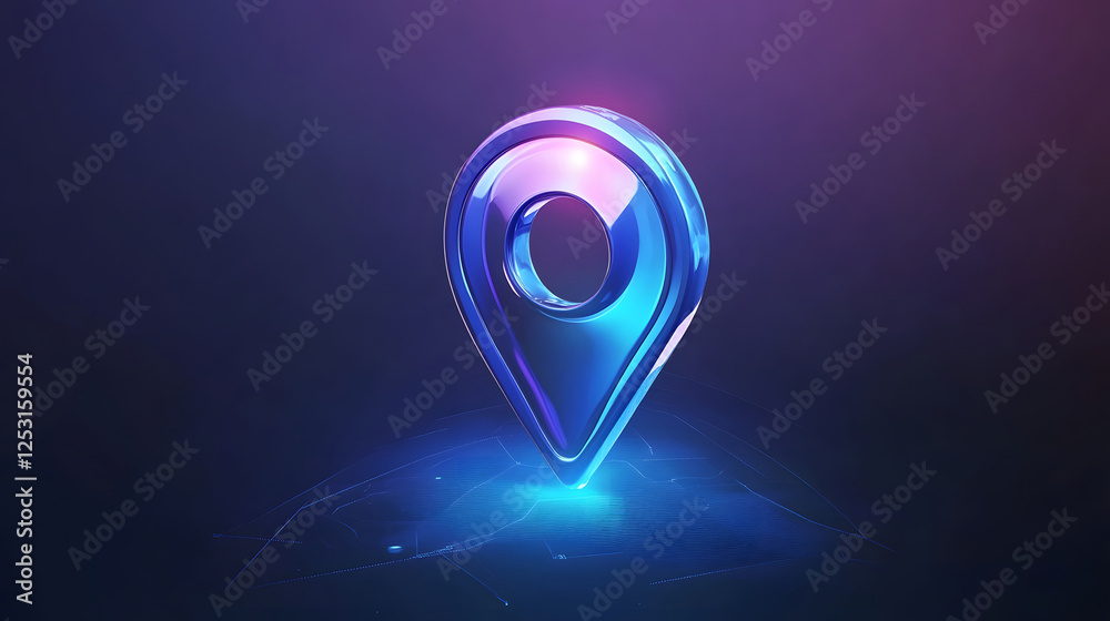 Poster Futuristic glowing blue 3D navigation marker or location pin icon symbol with transparent lighting effect  Sleek minimalist design for digital app interface online map or software branding