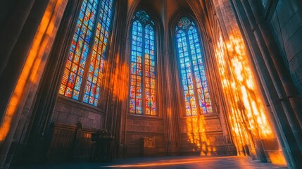 Sunlit chapel, stained glass windows, stone architecture.
