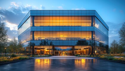 Modern Glass Office Building Illuminated at Dusk