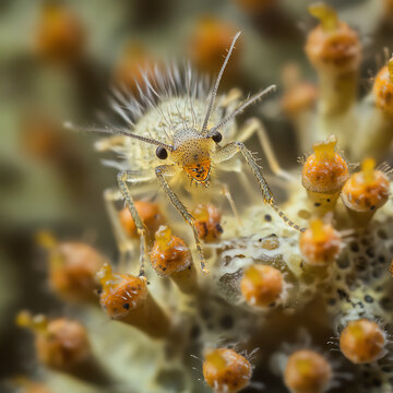 A close-up view of a microscopic organism perched on coral, showcasing delicate structures and vivid colors, highlighting the beauty of marine life and ecosystem details.