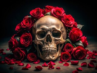 Still Life Photography: Skull Surrounded by Roses on Black Background