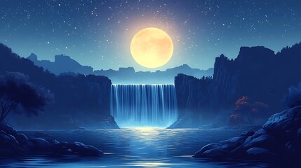 Moonlit Waterfall Canyon Scene, Night