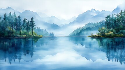Delicate watercolor painting of a peaceful lake, high-quality, serene beauty, reflective calm 
