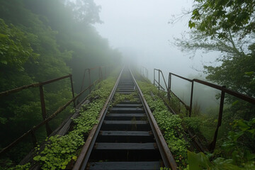 Abandoned railway tracks disappearing into a misty forest, overgrown with lush green foliage and surrounded by dense trees