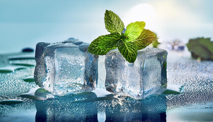 ice cubes with mint leaves, poster for advertising