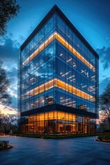 Modern Glass Building Illuminated at Dusk