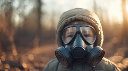 A young child wearing a gas mask stands in a tranquil forest, highlighting a contrast between innocence and environmental concern.