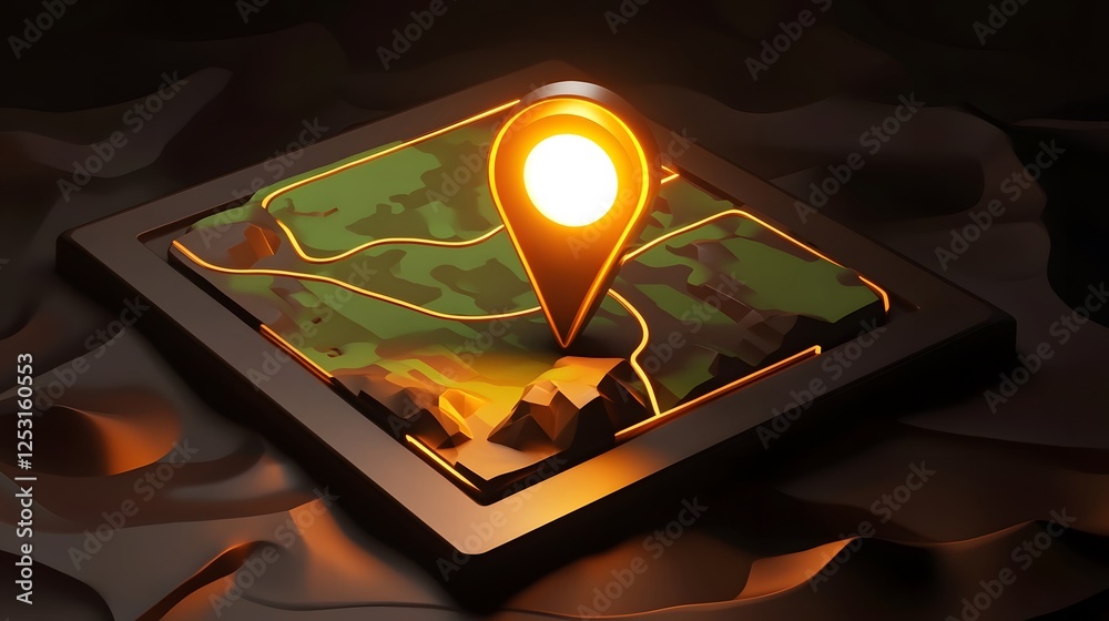 Aufkleber Glowing digital tablet display showcasing a navigation map with a bright location marker pin set against a dark dramatic backdrop  Concept of wayfinding