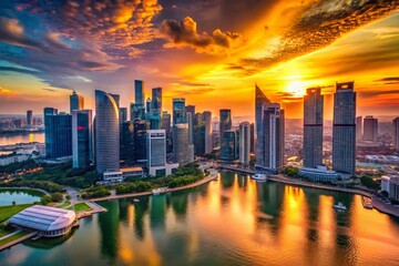 Obraz premium Stunning Aerial Drone Shot of Singapore City Skyline Featuring Iconic Hotel