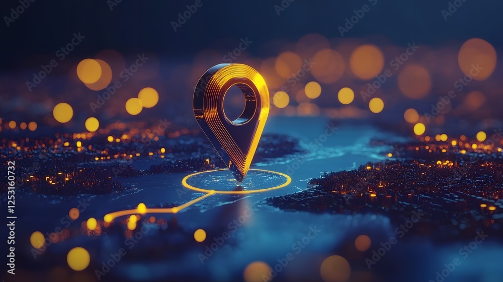 Poster glowing gps map pin icon hovering over a nighttime urban skyline with the city lights and buildings 