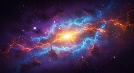 A vibrant galaxy core shines brightly in the dark cosmos