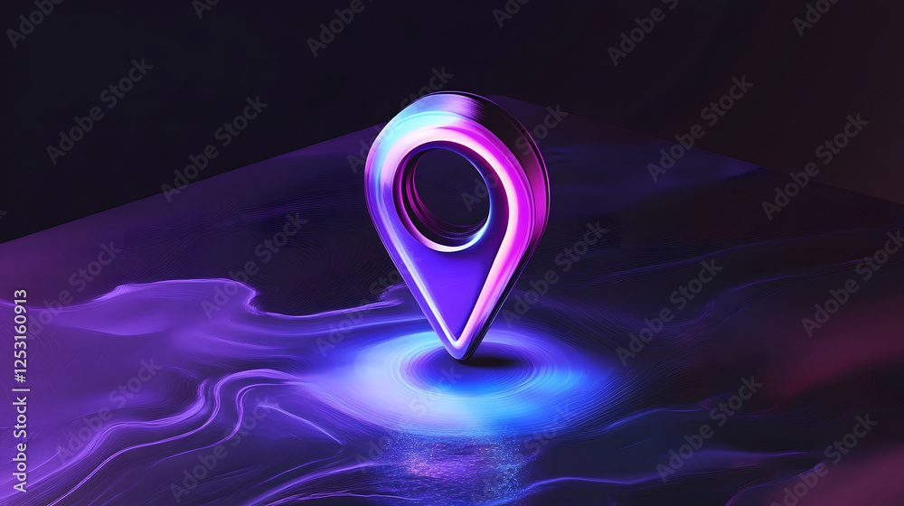 Poster glowing neon gps navigation symbol swirling and twisting in a vibrant futuristic digital landscape f