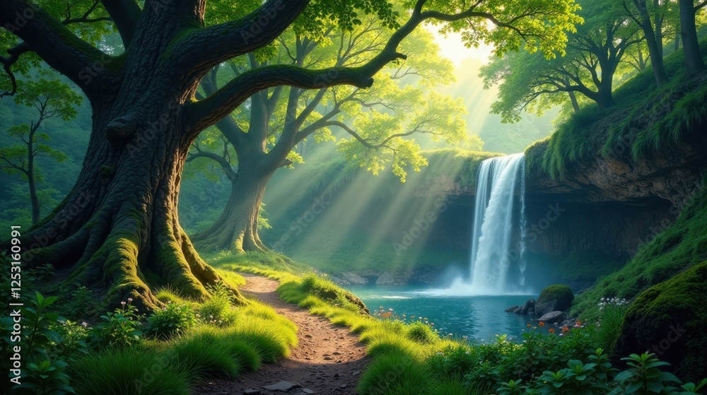 Poster serene waterfall cascading through lush, sun-dappled forest, with a winding path leading to tranquil