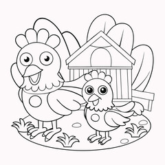 coloring book with hen  outline art . color page for kids. adult color page KDP