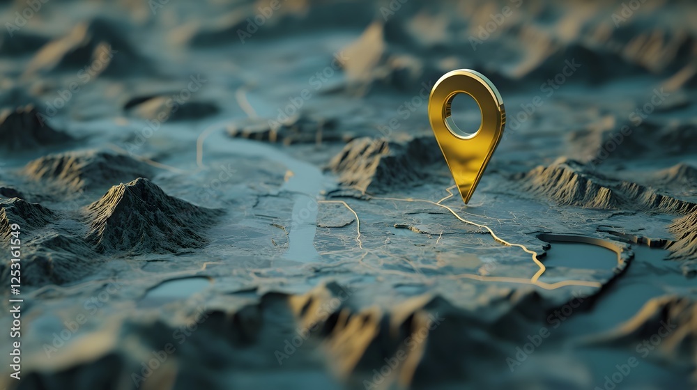 Poster golden compass marker symbol pointing direction on digital topographic map of rugged mountain terrai