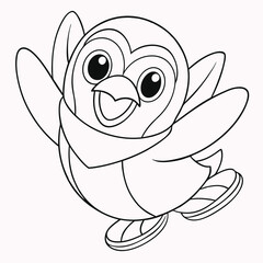 funny cartoon penguin  outline art . color page for kids. adult color page KDP