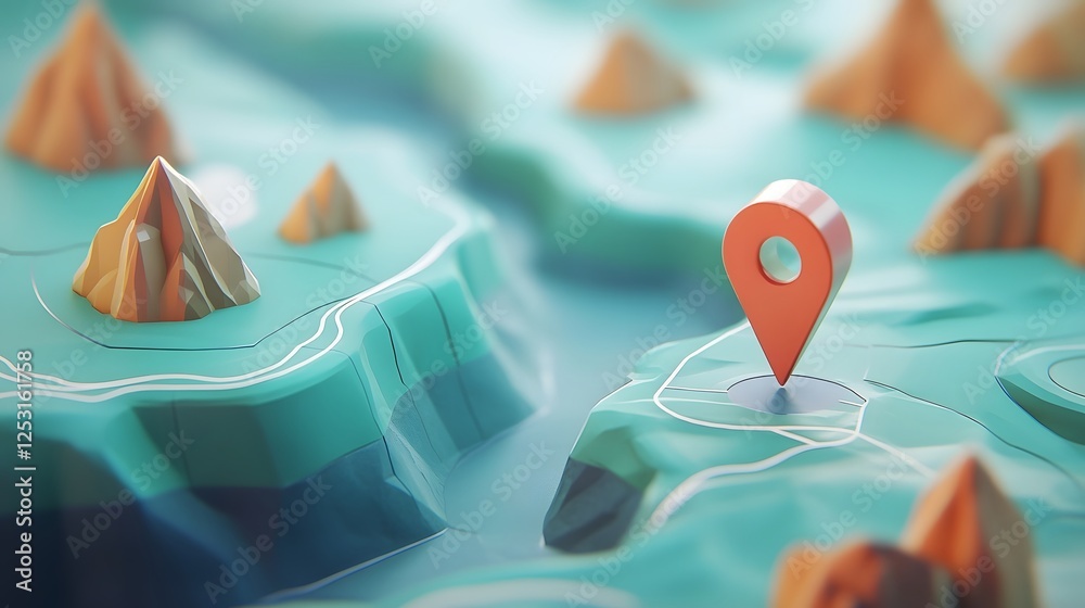 Poster gps location marker pin icon visualized on a stylized 3d digital landscape background with mountaino
