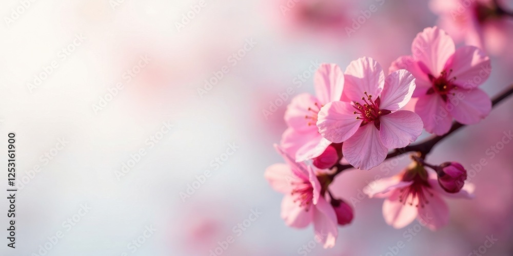 Poster delicate pink blossoms on a branch, illuminated by soft sunlight, creating a serene and peaceful spr