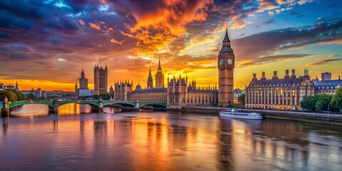 Fototapeta premium Stunning London Waterfront View: Big Ben & Thames River at Sunset