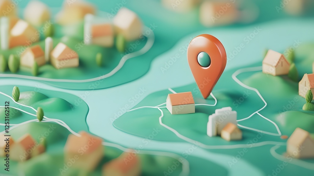 Poster Green 3D map with navigation pin pointer highlighting the path or route in a scenic rural countryside landscape  Infographic or icon design for outdoor adventure concepts