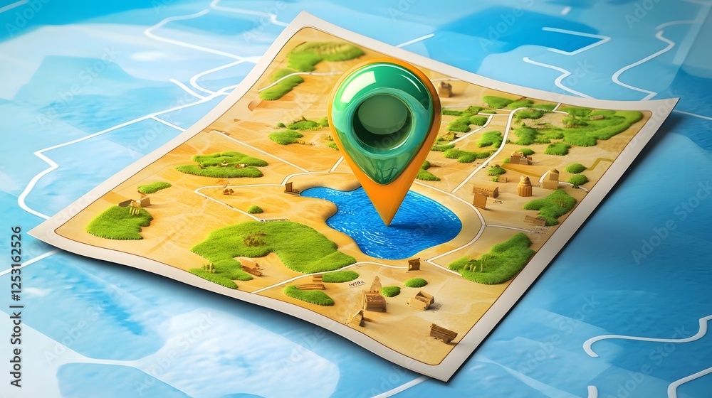 Poster GPS navigation pointer or marker on a digital map or app interface showing an outdoor landscape with mountains forests lakes and rivers for adventure expedition planning  Concept of location
