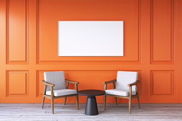 Horizontal mock up poster on orange wooden building wall