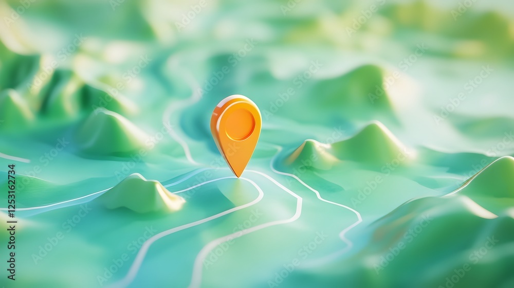 Poster Green and Blue Digital Map Background with Navigation Marker Icon Pointing to a Location or Position on the Screen