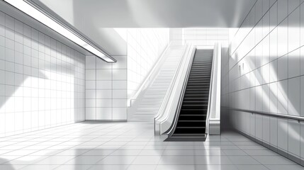 Fototapeta premium An empty white subway station with an black escalator leading up to the light, high-resolution, high-quality, photorealistic vector design