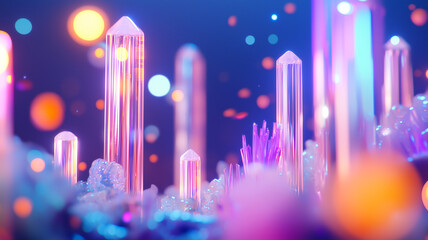 Glowing Crystalline City Rises From Ocean Floor With Vibrant Fish Swimming Around in a Bright, Fantastical Underwater Realm