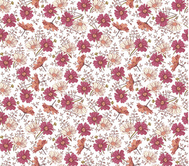 Fototapeta premium Seamless pattern. Beautiful pink blooming realistic isolated flowers. Vintage background. Set Chamomile wildflowers. Wallpaper. Drawing engraving. Vector victorian Illustration