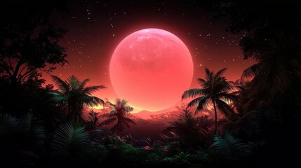 Mystical Pink Moon Rising Above Enchanted Landscape with Lush Tropical Foliage