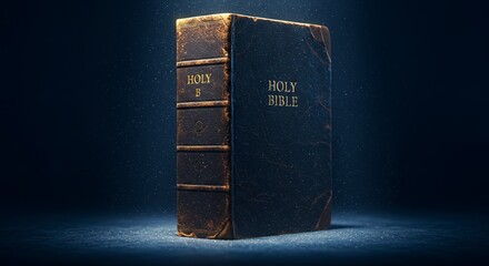 A weathered holy bible stands illuminated on a speckled surface