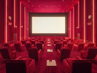 Fototapeta premium Luxurious Red Movie Theater Interior with Plush Seating and Screen