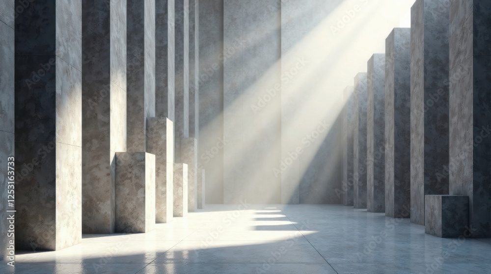 Poster sunbeams illuminate a modern abstract concrete hallway with geometric pillars