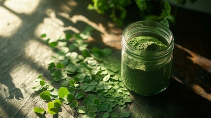 A jar of green powder surrounded by fresh green leaves, showcasing natural ingredients.