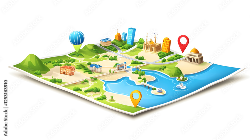 Poster highly detailed and colorful 3d illustrated map showcasing a stylized world environment filled with 