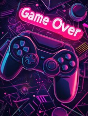 Vibrant Digital Art of Game Controller with Game Over Signage
