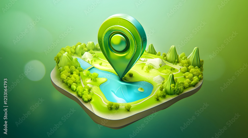 Poster idyllic green nature landscape with a gps navigation pin marker icon set against a scenic mountain a