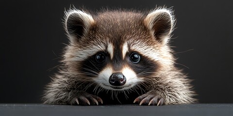 Fototapeta premium Close-up of a baby raccoon looking directly at the camera against a dark background. Suitable for educational or wildlife resources