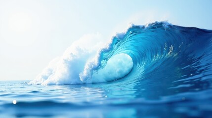 Naklejka premium A Majestic Ocean Wave Curls and Breaks, Displaying a Breathtaking Blue Hue and Whitewater Foam