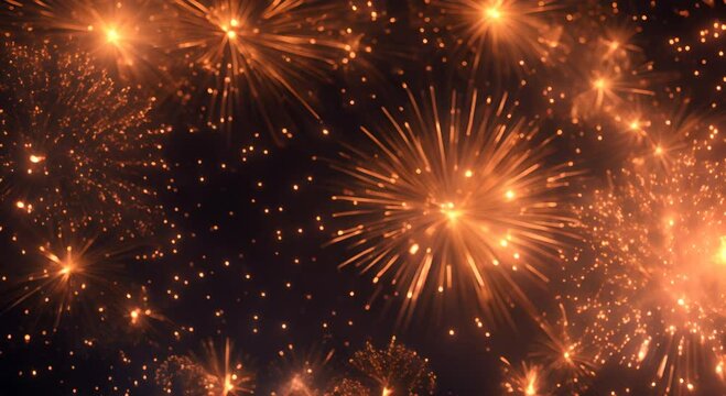 A dazzling gold firework explosion effect with shimmering particles bursting outward like fireworks illuminating the night sky 4K