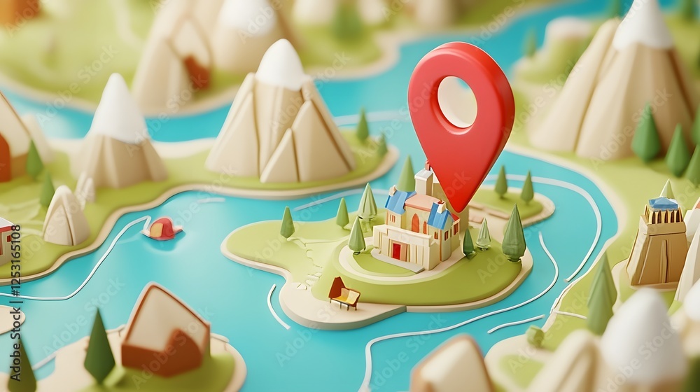 Poster idyllic mountain landscape with a red gps marker pin placed on a stylized digital map representing a