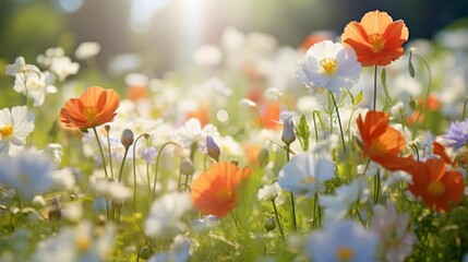 Obraz premium Vibrant wildflowers dance in sunlight amidst a tranquil meadow setting. Generative AI