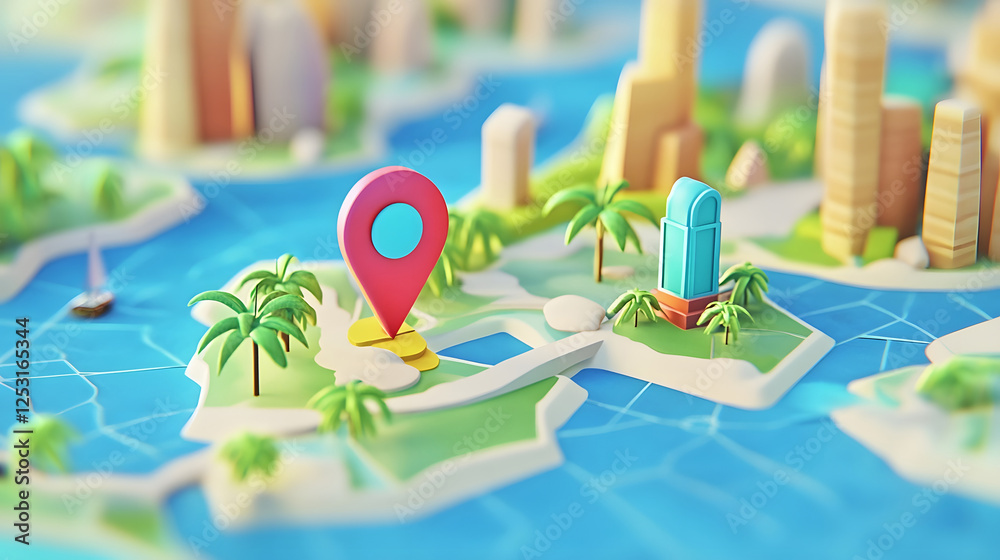 Poster idyllic tropical island destination with gps map pin pointer and lush palm trees against a scenic oc